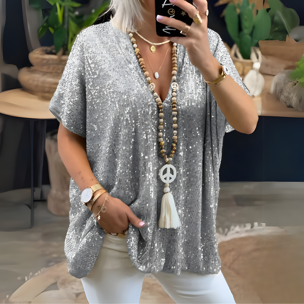 Celina - Loose Sequin V-Neck Top